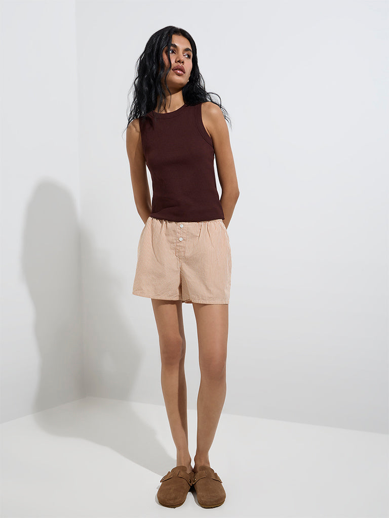Superstar Dark Brown Ribbed Cotton-Blend Tank Top