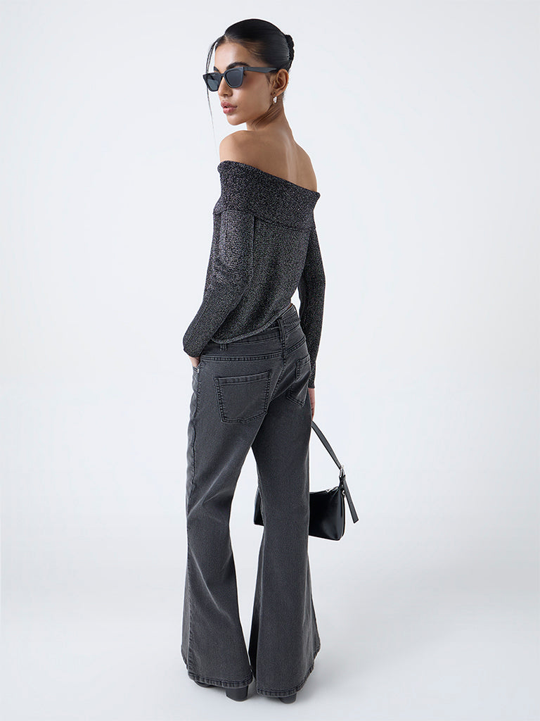 Nuon Grey Ribbed Off-Shoulder Top