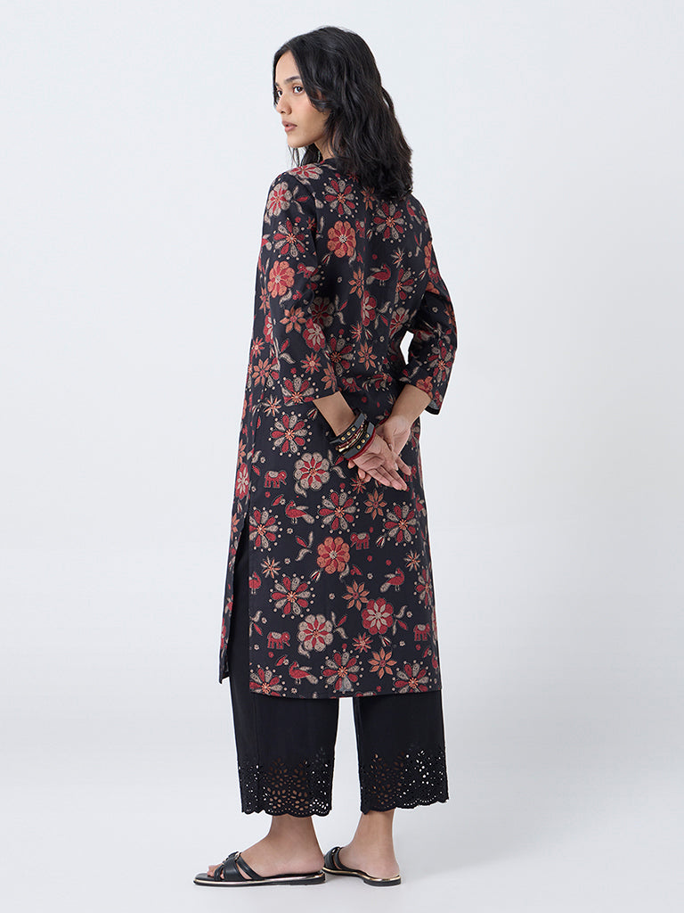 Utsa Black Floral Detailed Straight Cotton Kurta