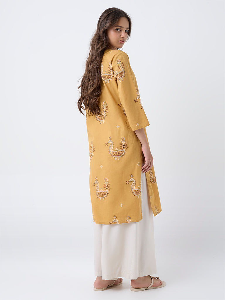Utsa Mustard Printed Cotton Straight Kurta