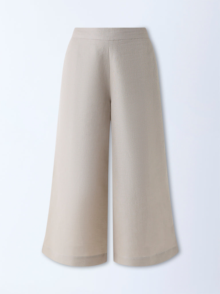 Zuba Taupe Solid Linen-Blend Ethnic Pants