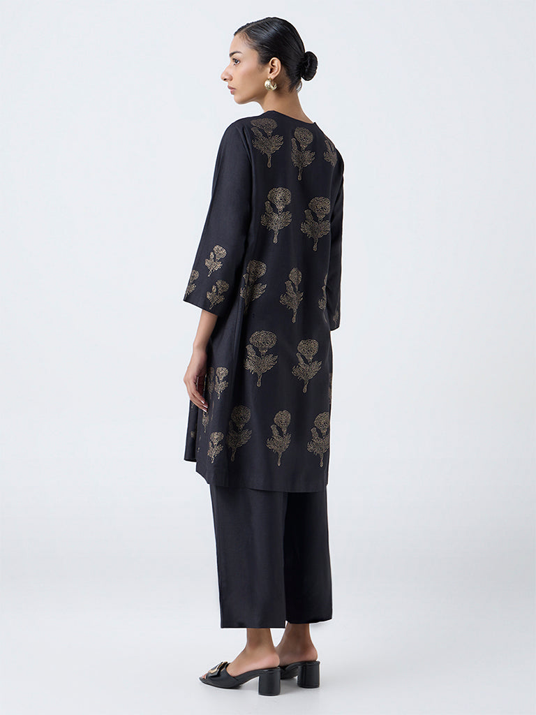 Zuba Black Floral Printed A-Line Kurta