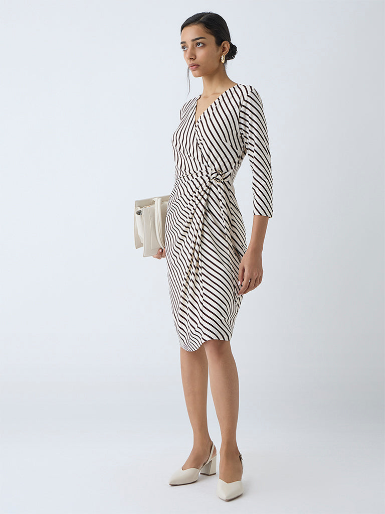 Buy Wardrobe Brown Striped Wrap-Style Dress from Westside