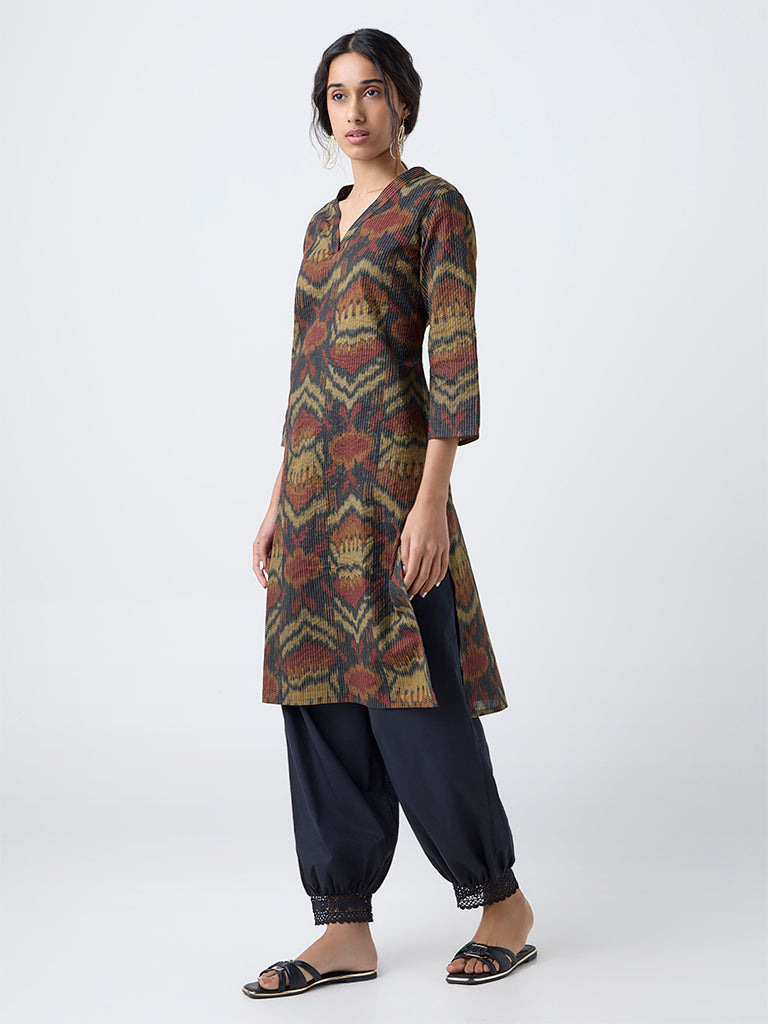 Utsa Multicolour Ikat Pattern Cotton-Blend Straight Kurta