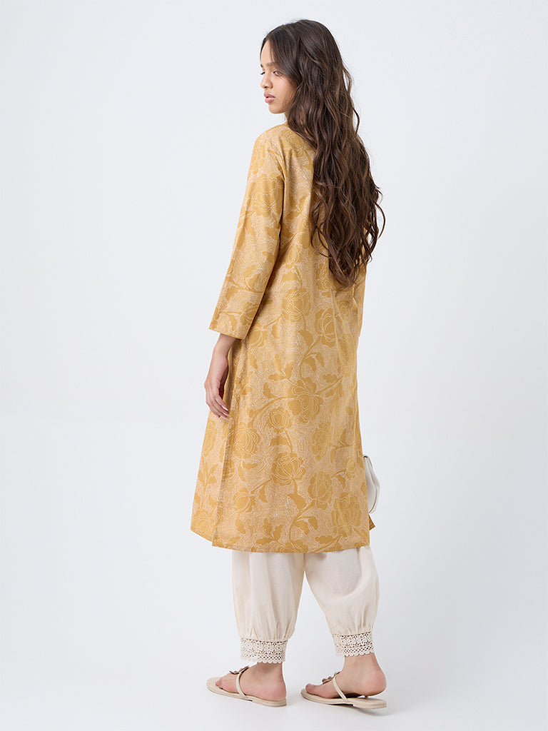 Utsa Mustard Floral Pattern Cotton Straight Kurta