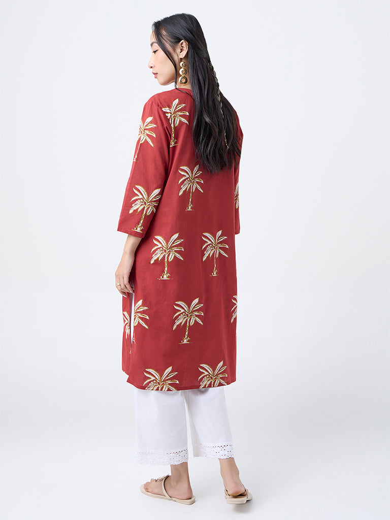 Utsa Red Tropical-Inspired Straight Cotton Kurta