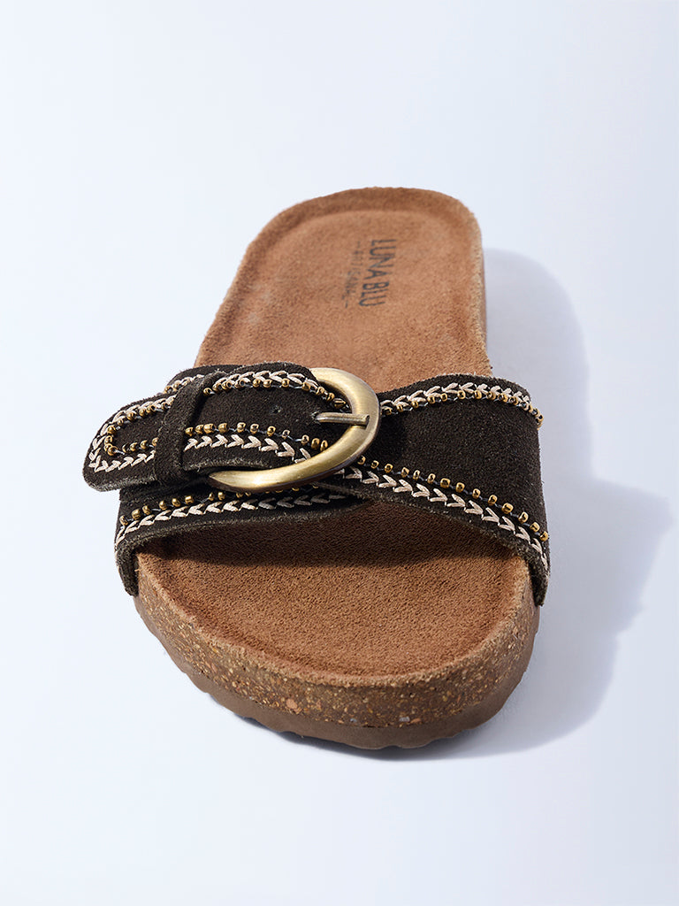 LUNA BLU Olive Buckle-Detailed Slip-On Suede Leather Sandals