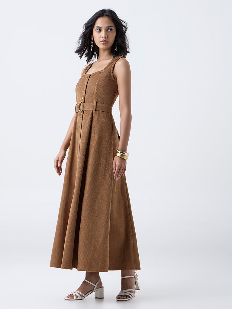 LOV Tan Corduroy Cotton A-Line Dress