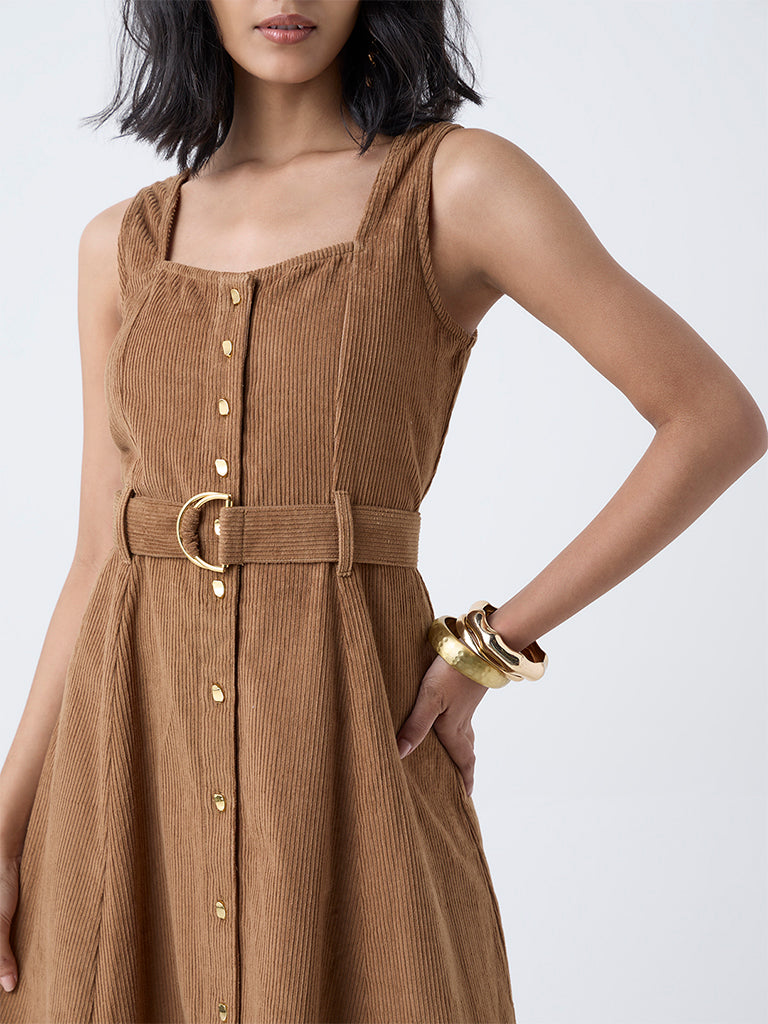 LOV Tan Corduroy Cotton A-Line Dress