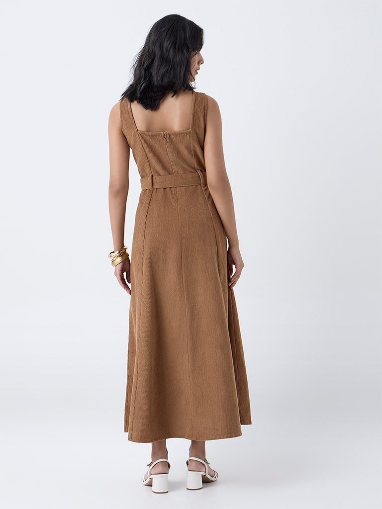LOV Tan Corduroy Cotton A-Line Dress