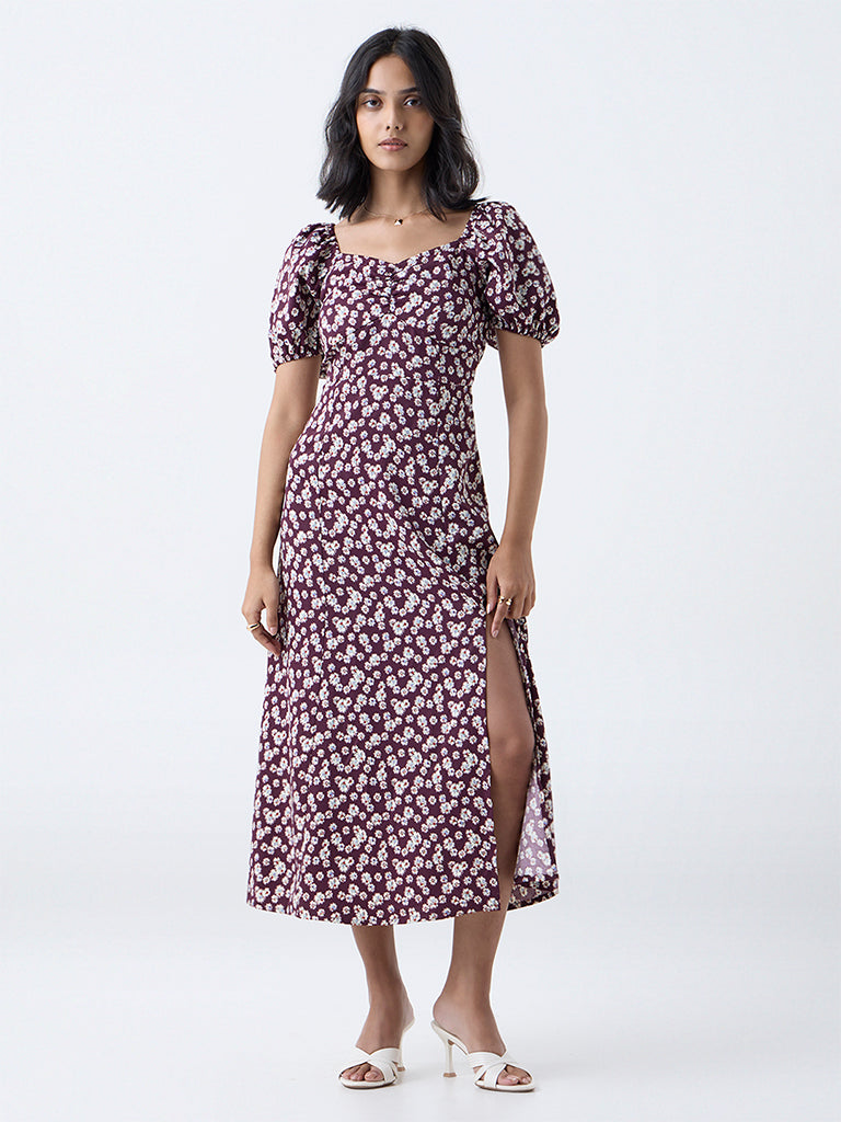 LOV Plum Floral Detailed A-Line Dress