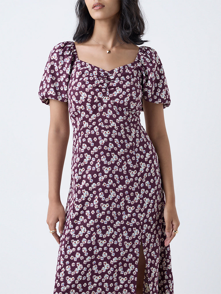 LOV Plum Floral Detailed A-Line Dress