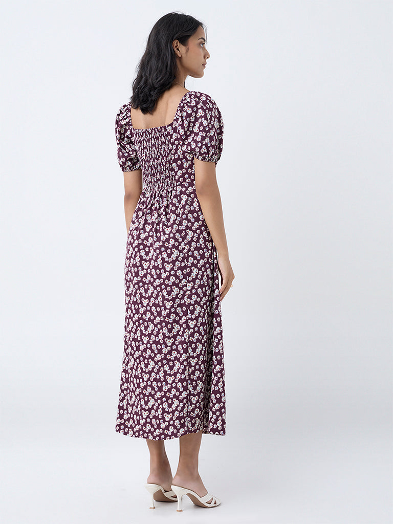 LOV Plum Floral Detailed A-Line Dress