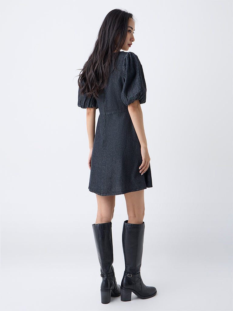 LOV Dark Grey Solid Denim A-Line Dress