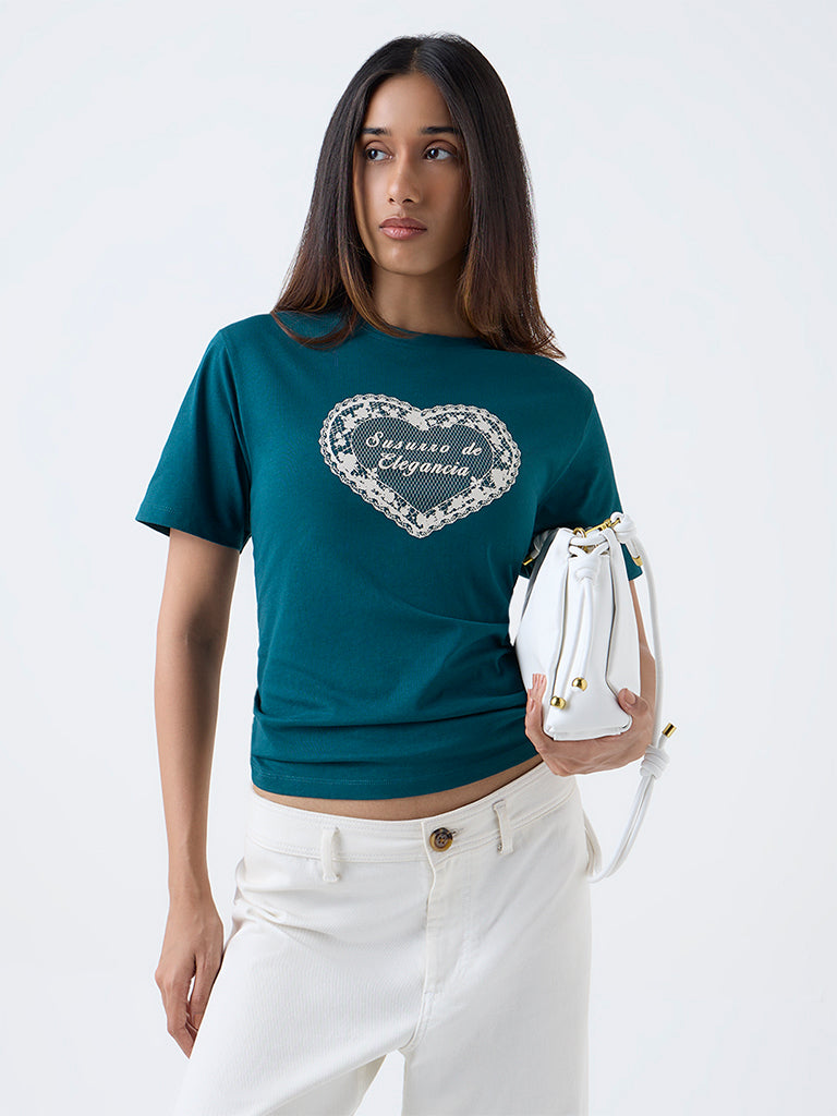 LOV Teal Printed Cotton T-Shirt