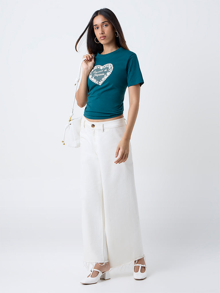 LOV Teal Printed Cotton T-Shirt