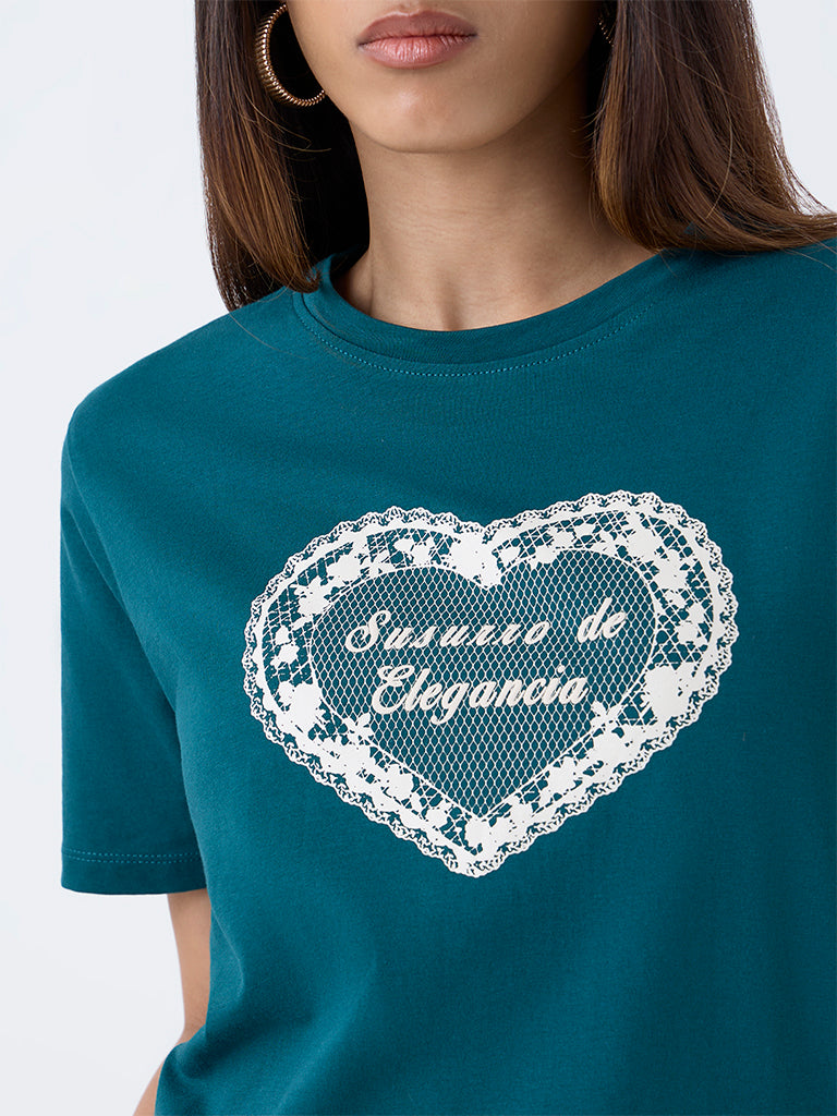 LOV Teal Printed Cotton T-Shirt