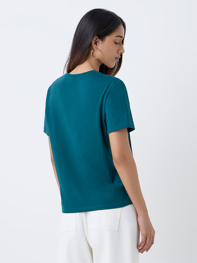 LOV Teal Printed Cotton T-Shirt