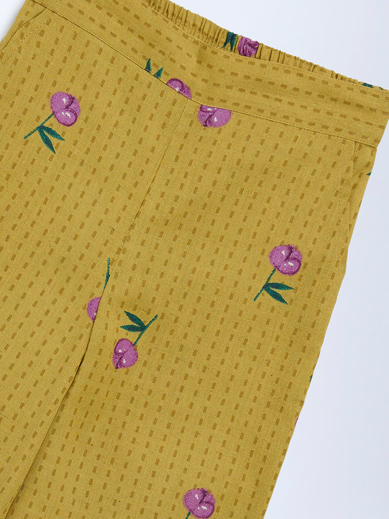 Utsa Kids Girls Mustard Floral Cotton-Blend Pants - (2-8 yrs)