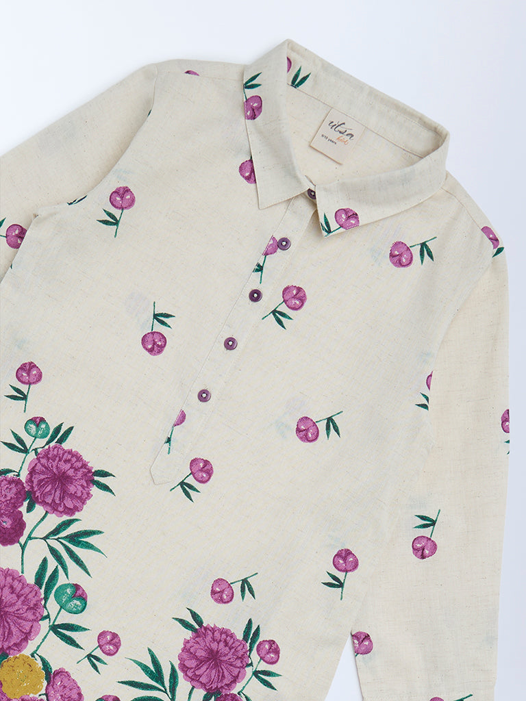 Utsa Kids Girls Off-White Floral Cotton-Blend Tunic - (8-14 yrs)