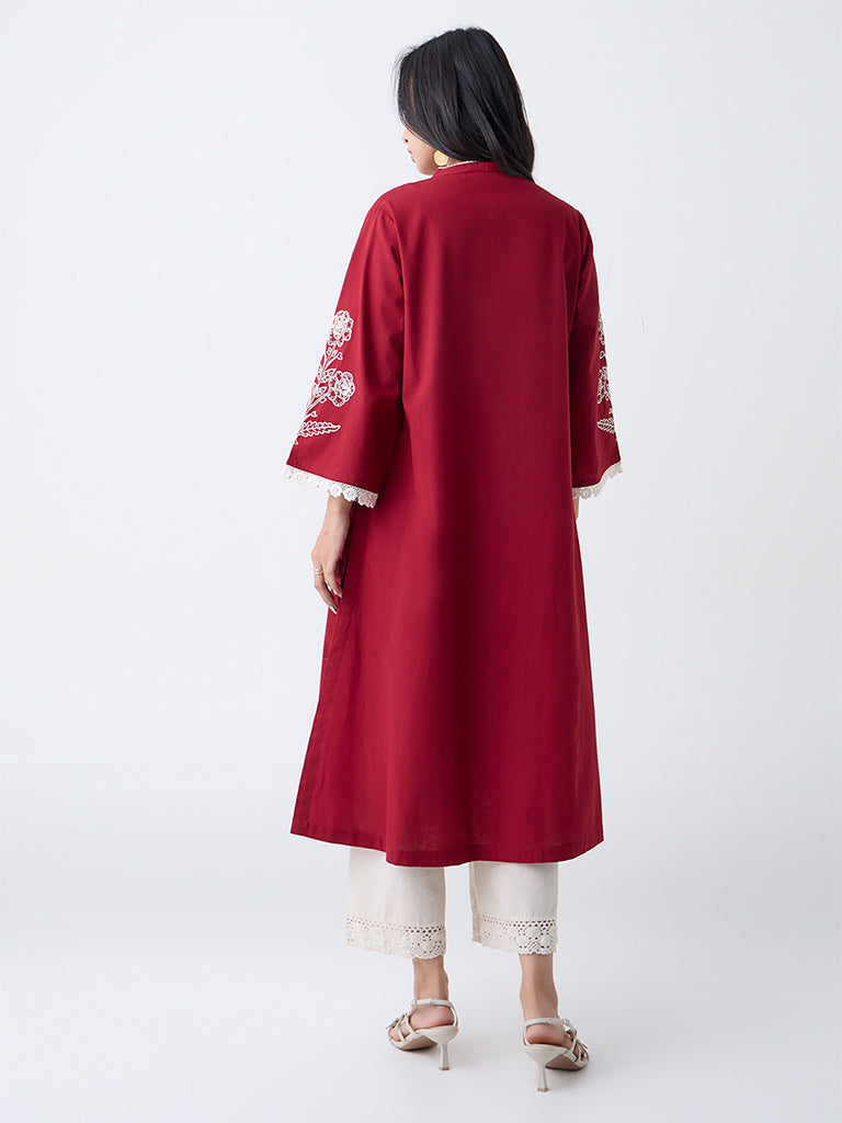 Utsa Red Floral Embroidered Cotton-Blend A-Line Kurta