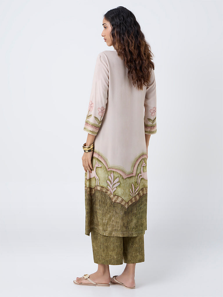 Utsa Beige Floral Pattern A-Line Kurta