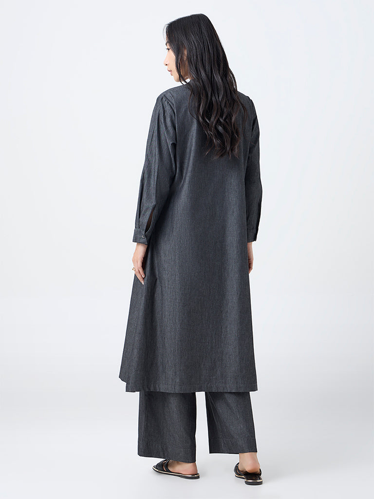 Utsa Black Geometric Design Denim A-Line Kurta