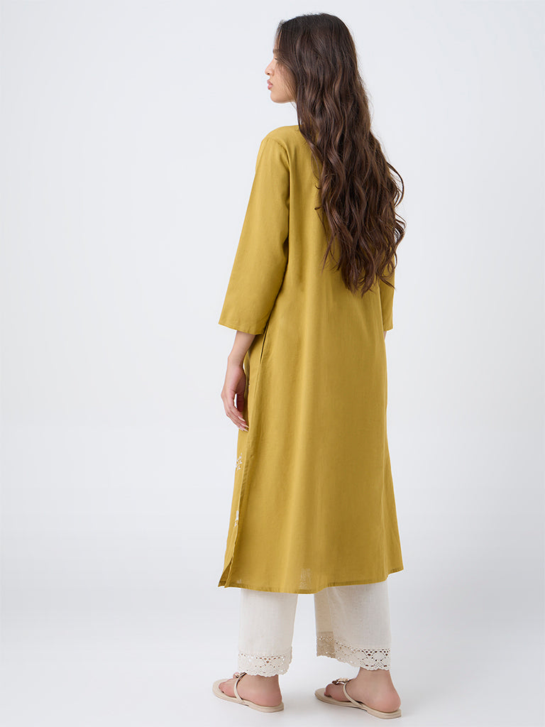 Utsa Mustard Floral Embroidered Cotton-Blend A-Line Kurta