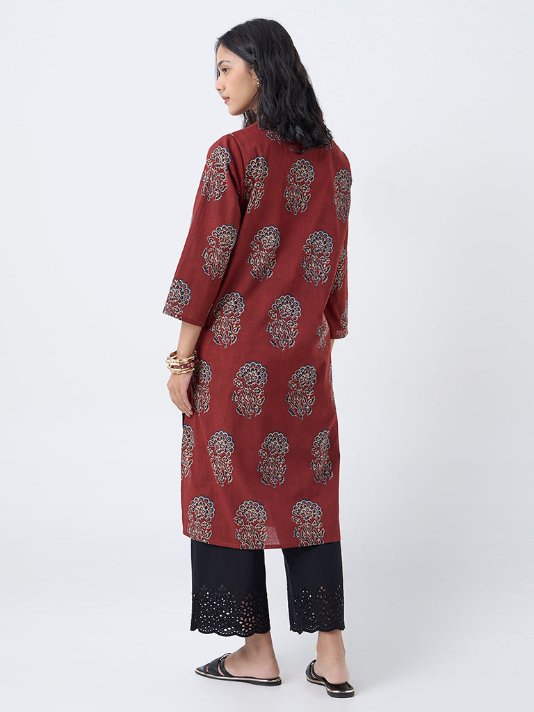 Utsa Maroon Floral Design Cotton Straight Kurta