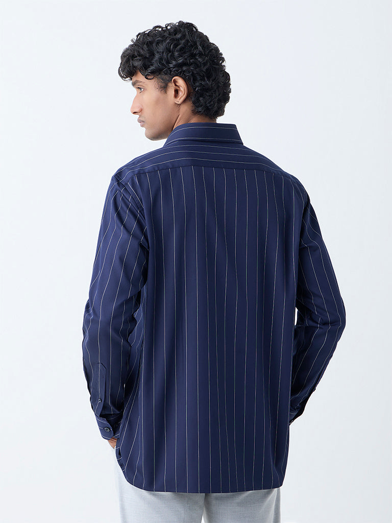 WES Formals Navy Pinstriped Relaxed-Fit Cotton Shirt