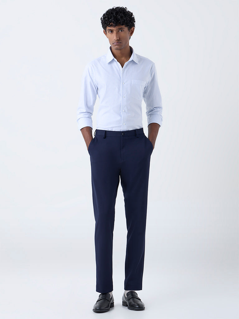 Buy WES Formals Blue Stripe Slim-Fit Cotton Shirt from Westside