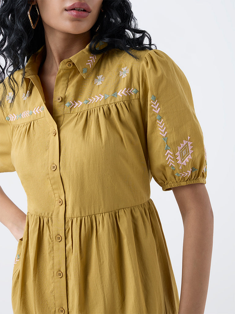 Bombay Paisley Mustard Embroidered Cotton Shirt Dress