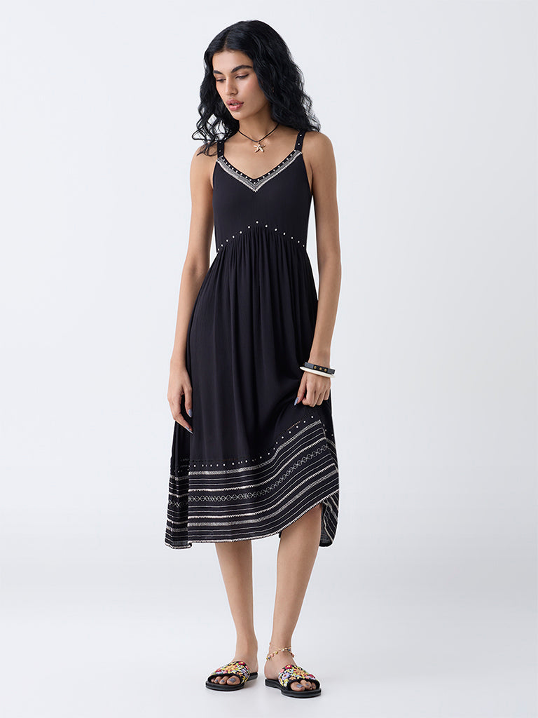 Buy Bombay Paisley Black Embroidered A-Line Dress from Westside