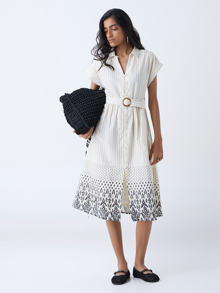 Buy Bombay Paisley Off-White Cotton Shirt Dress with Belt from