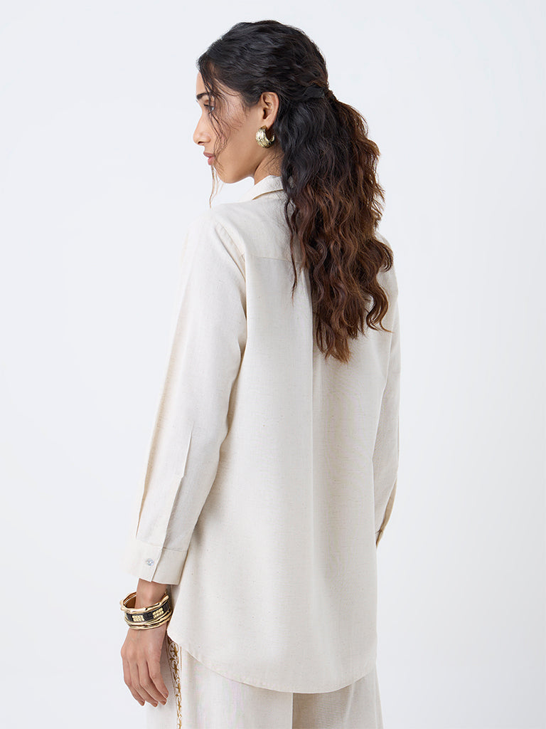 Utsa Beige Embroidered Cotton-Blend Tunic