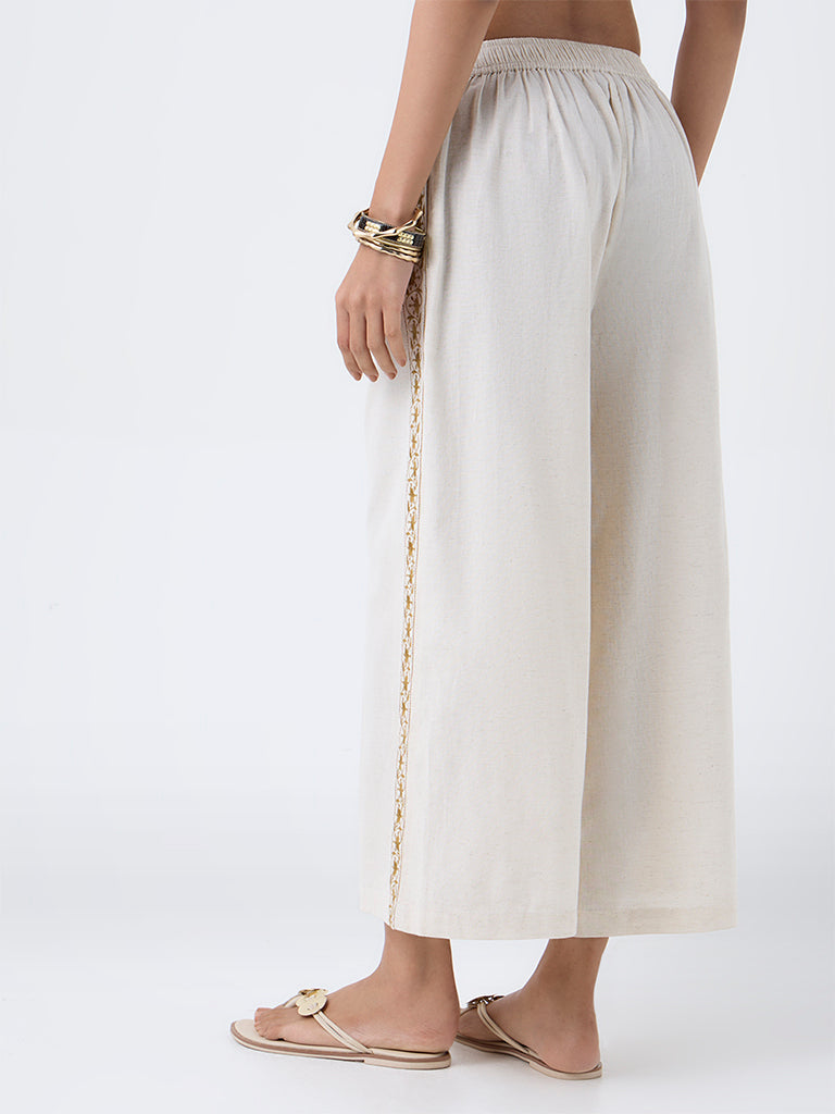 Utsa Beige Embroidered Cotton-Blend Palazzos