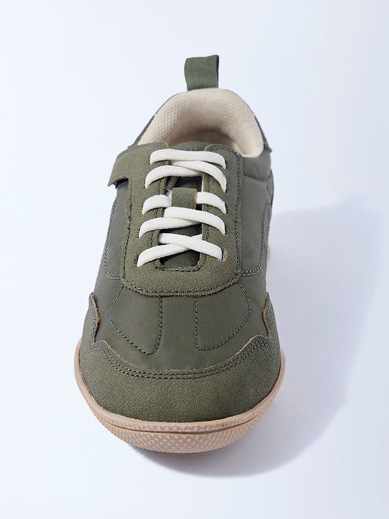 Yellow Olive Suede-Detail Lace-Up Sneakers