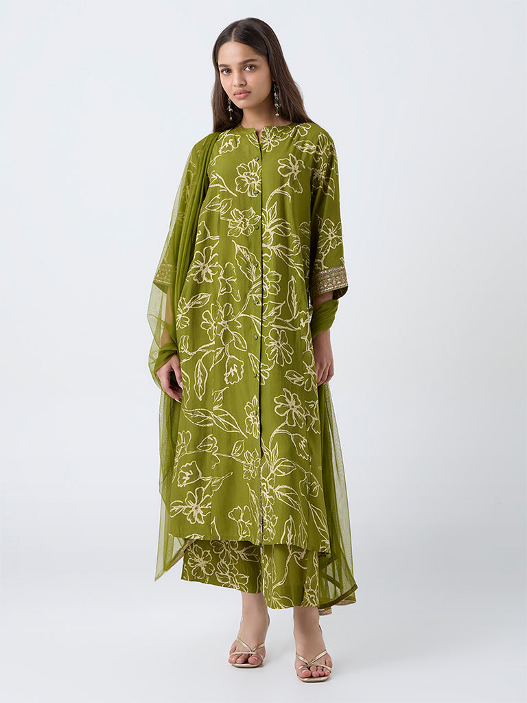 Vark Green Floral Design A-Line Ethnic Set