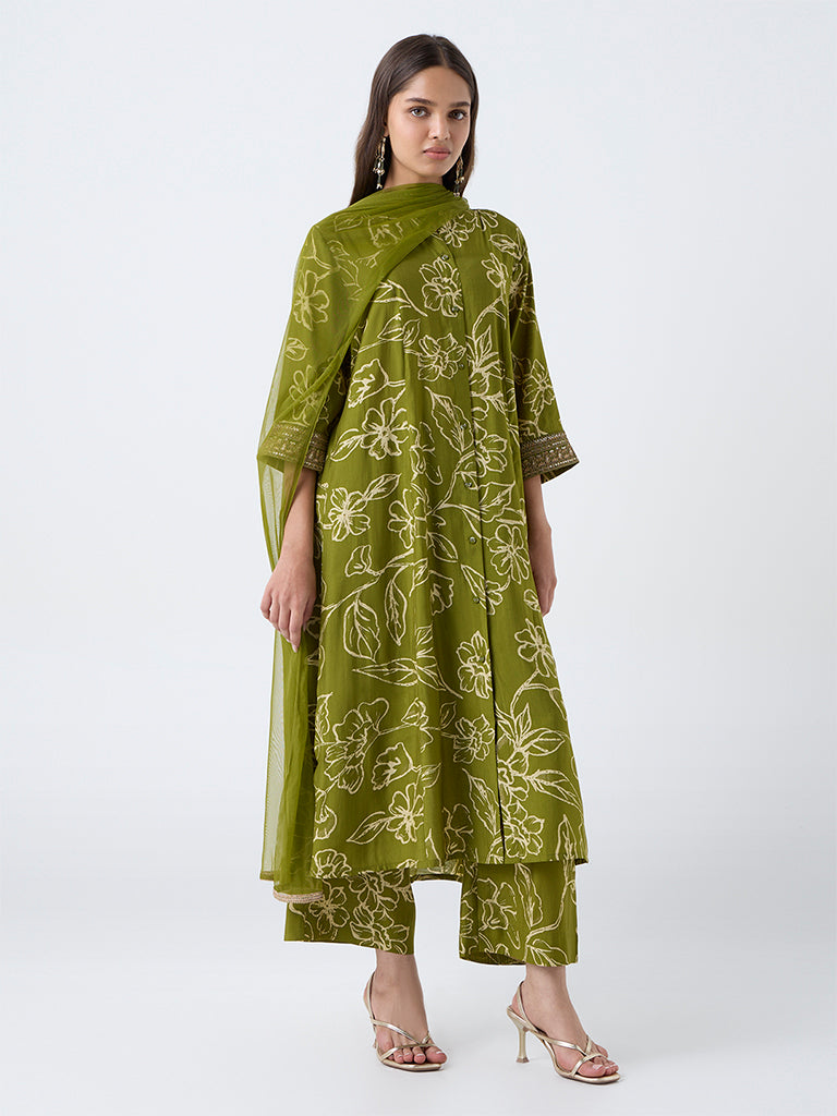 Vark Green Floral Design A-Line Ethnic Set