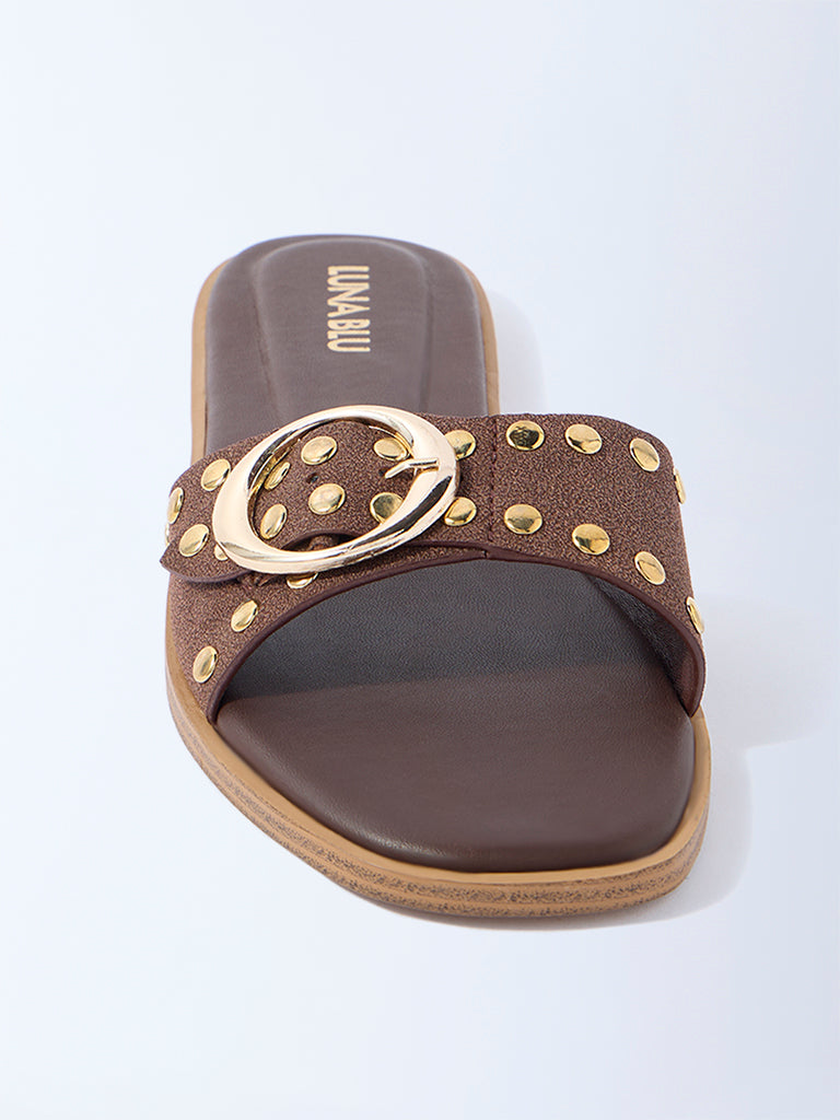 LUNA BLU Brown Stud Detailed Slides - Exclusive