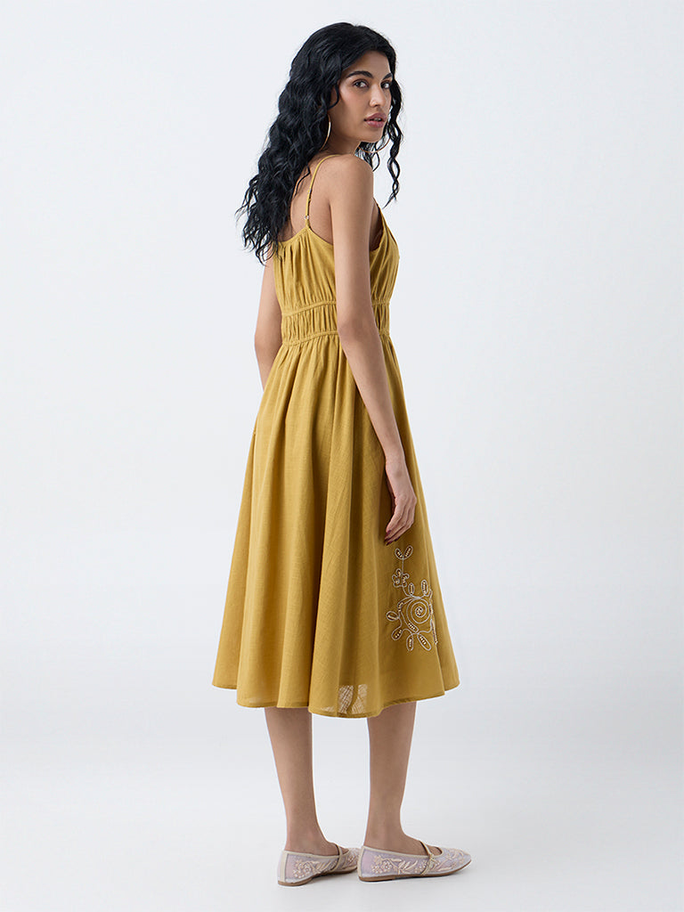 Bombay Paisley Yellow Embroidered Cotton A-Line Dress