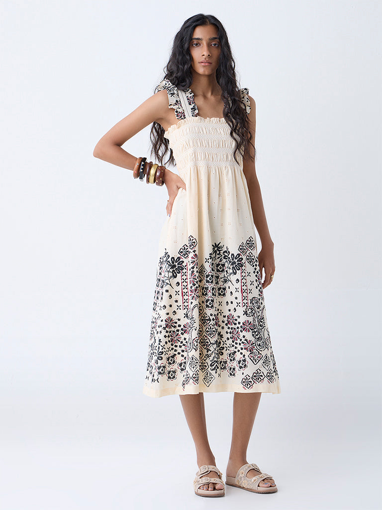 Buy Bombay Paisley Cream Embroidered Cotton A-Line Dress from Westside