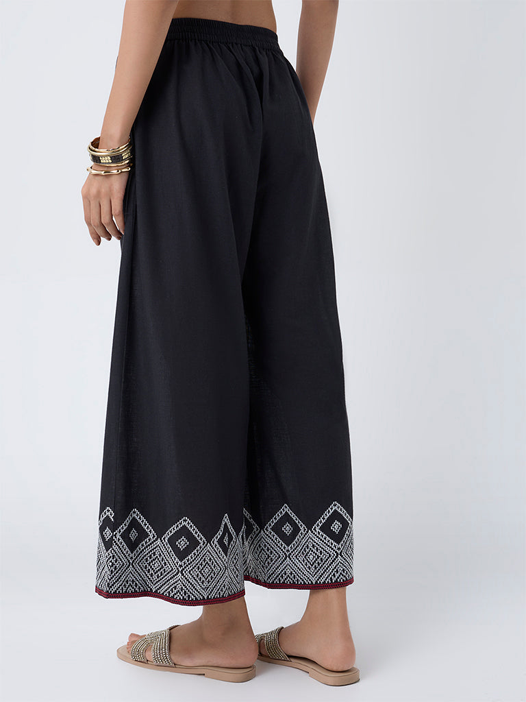 Utsa Black Embroidered Cotton Palazzos