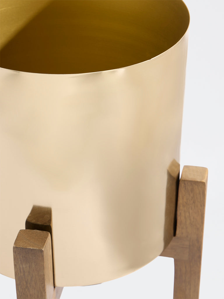 Westside Home Gold Metal Pot on Wooden Stand - Medium
