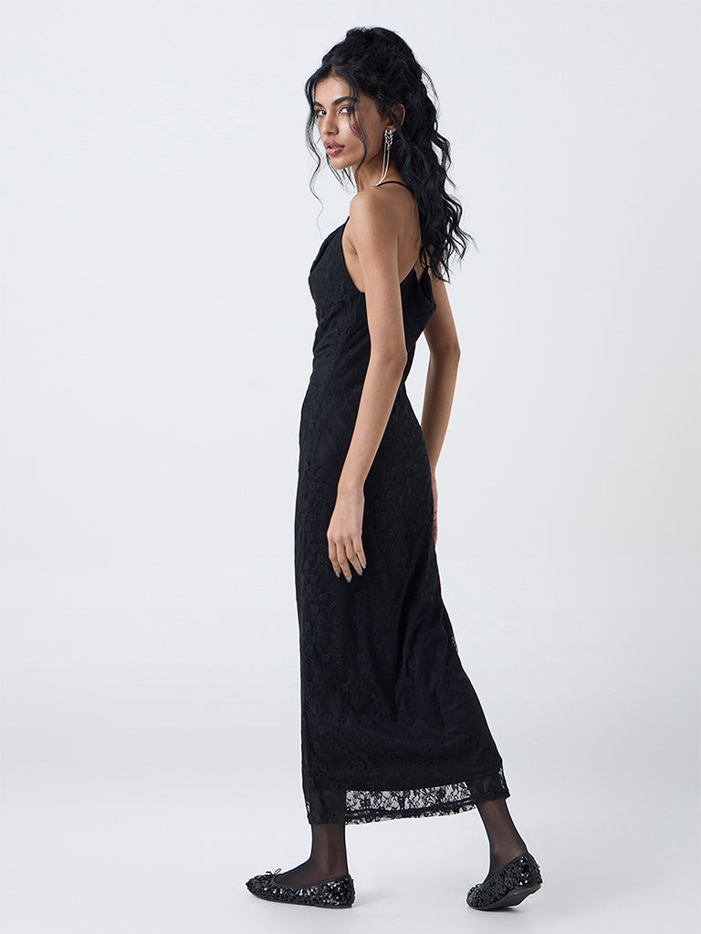Nuon Black Lace Cowl-Neck Party A-Line Dress