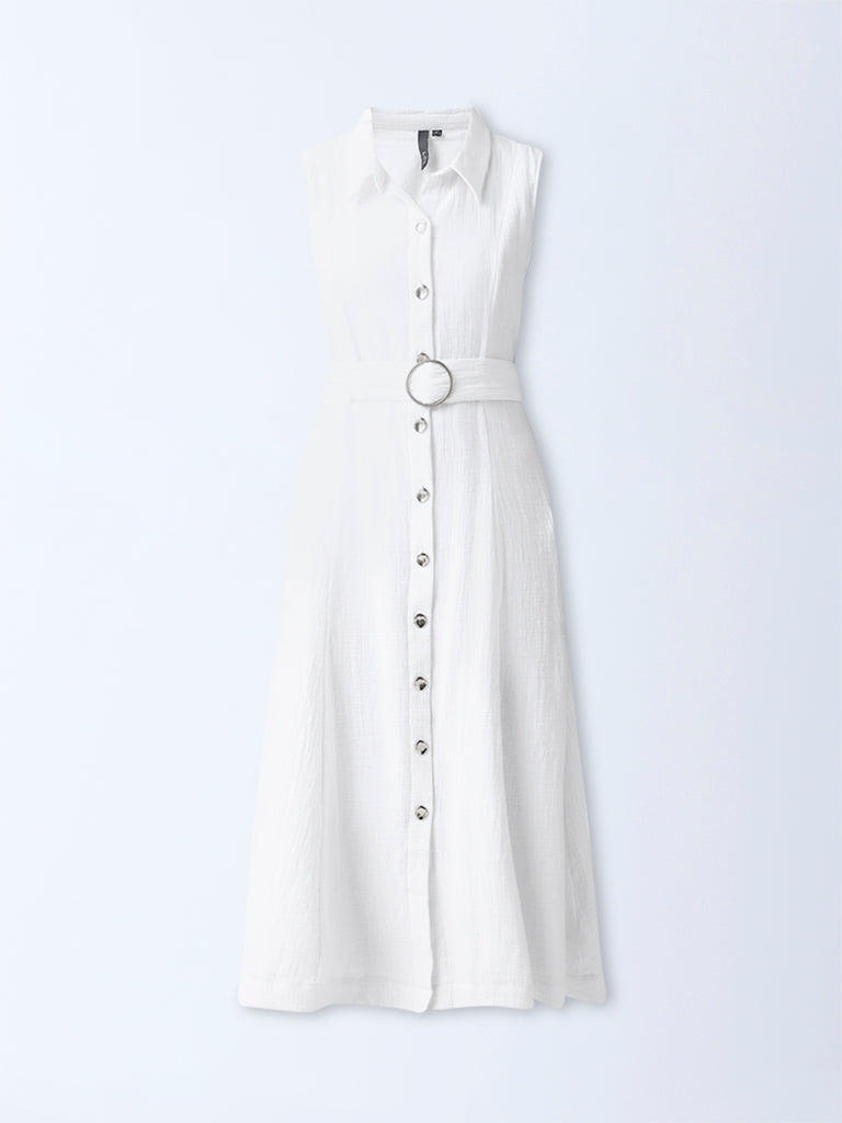 LOV White Crinkle-Textured Cotton Shirt Dress