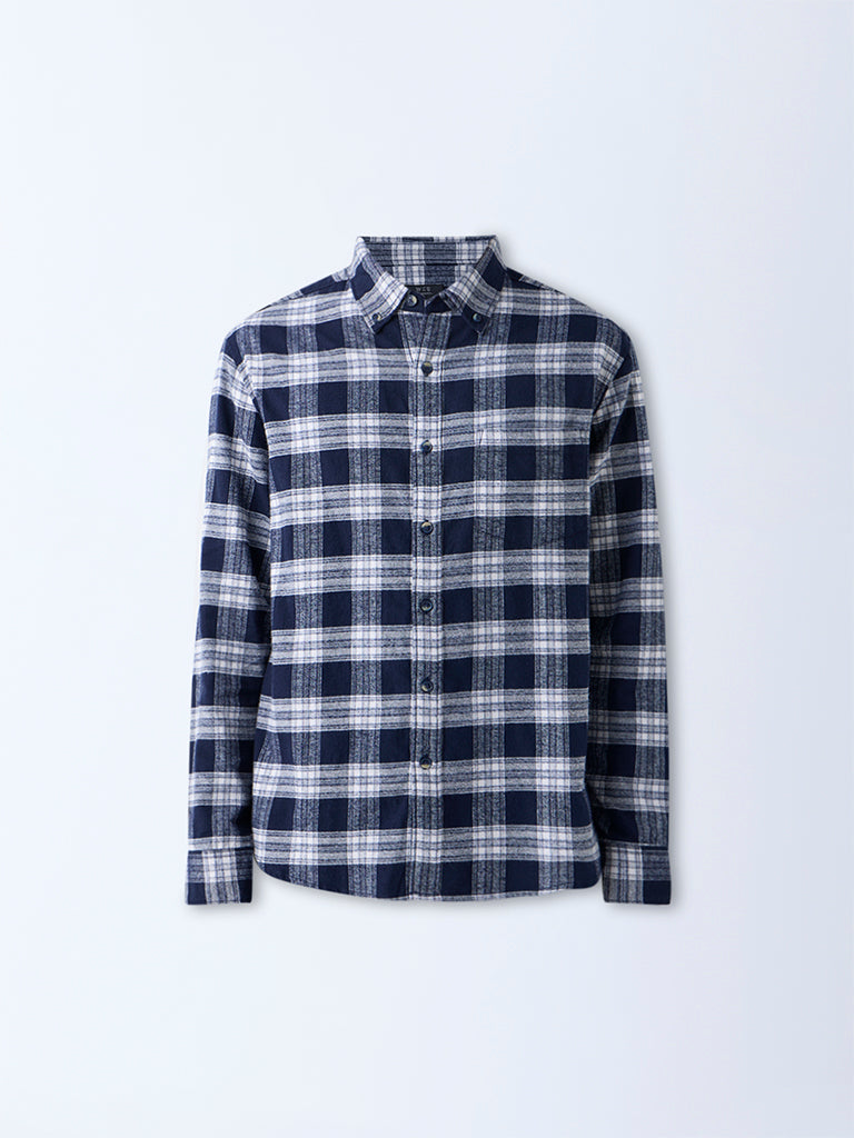 WES Casuals Navy Check Design Relaxed-Fit Cotton Shirt