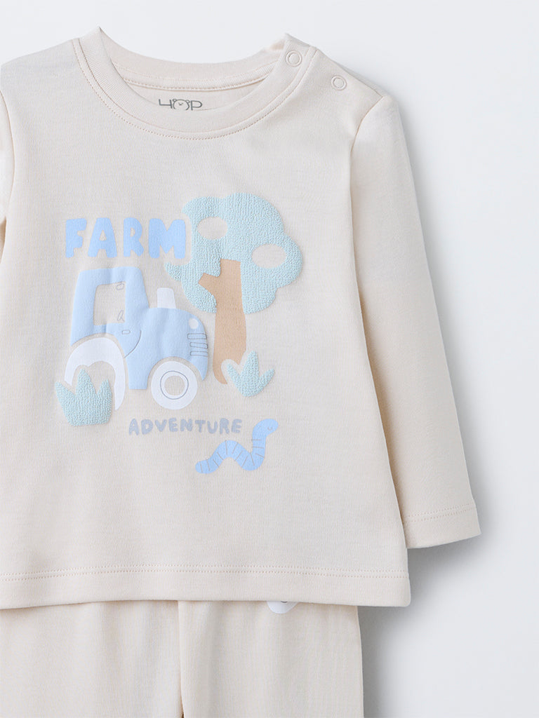 HOP Baby Boys Beige Embossed Cotton T-Shirt with Pants Set