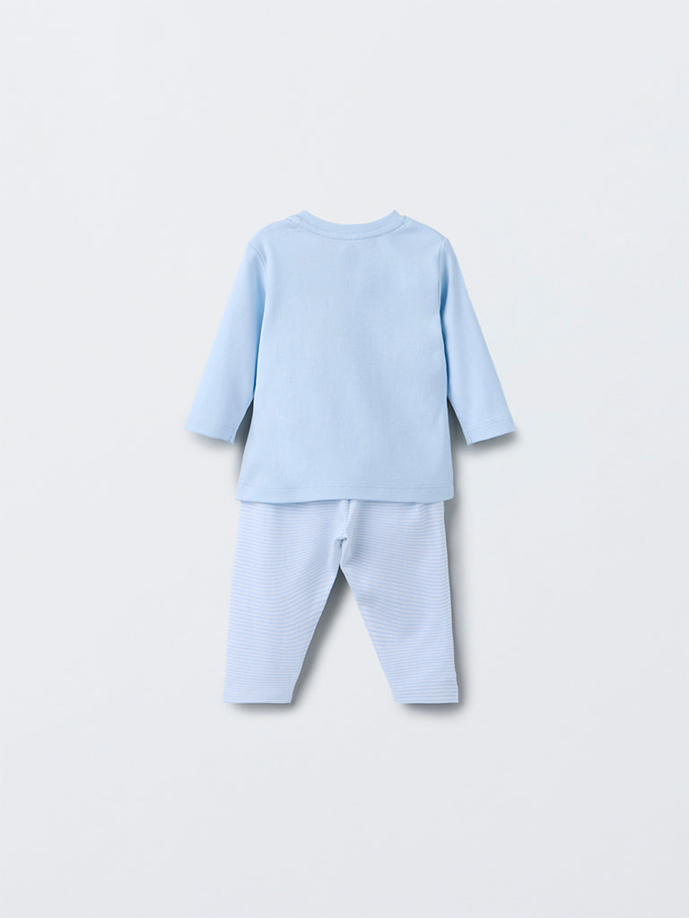 HOP Baby Blue Animal Pattern Cotton T-Shirt with Pants Set