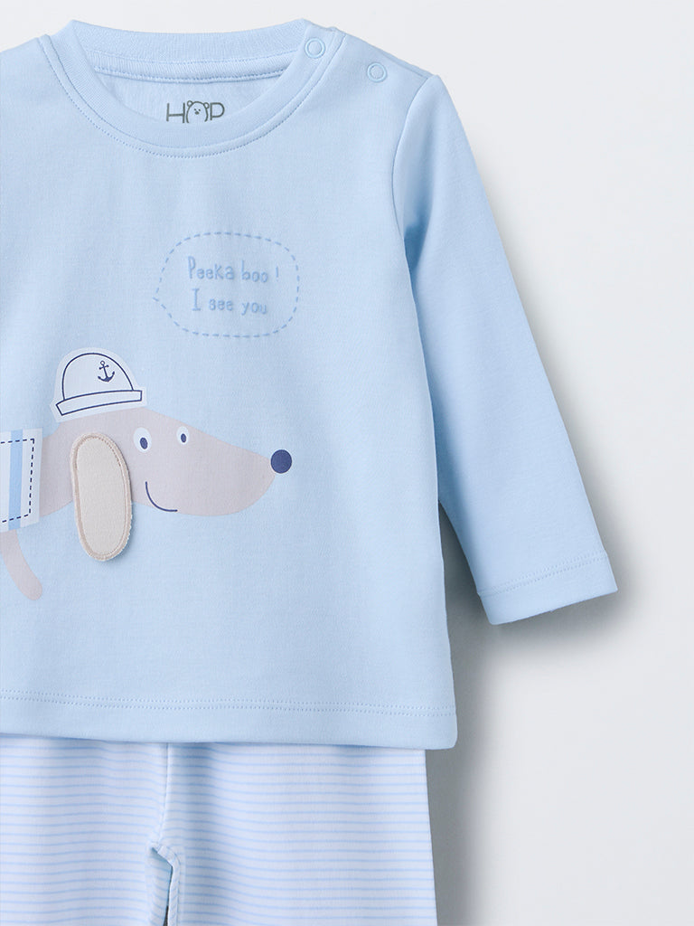 HOP Baby Blue Animal Pattern Cotton T-Shirt with Pants Set